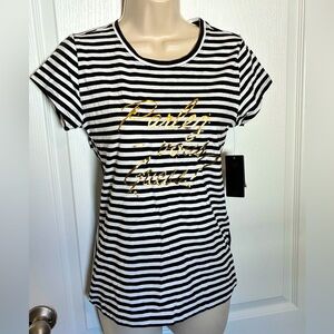 Black and White Striped Guess Top With Gold “Parley Vous Guess” Medium - NWT!